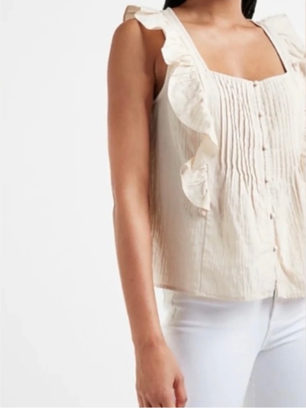 Express Cream Ruffle Front Button Tank Top - Picture 2 of 9
